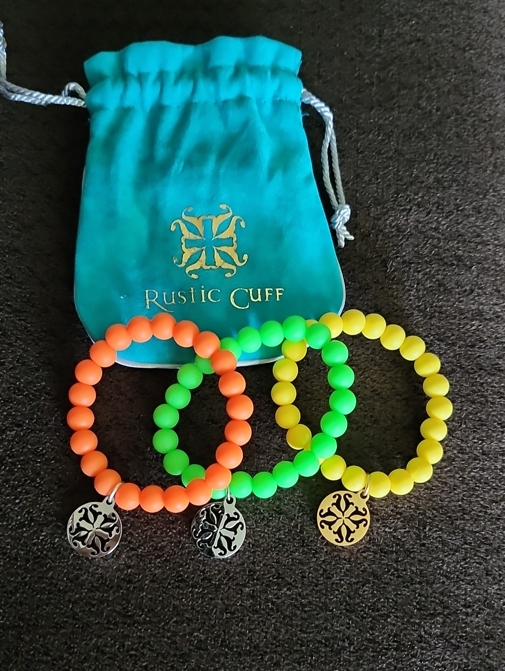 Rustic Cuff Neon Beaded Bracelet Set - Orange, Green & Yellow
